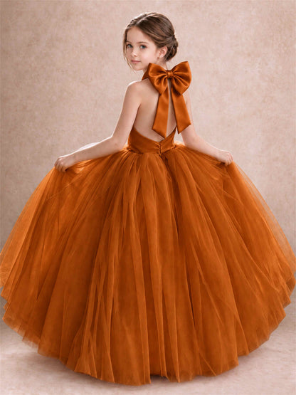 Halter Tulle Flower Girl Dress Backless Big Bow Princess Ball Gown