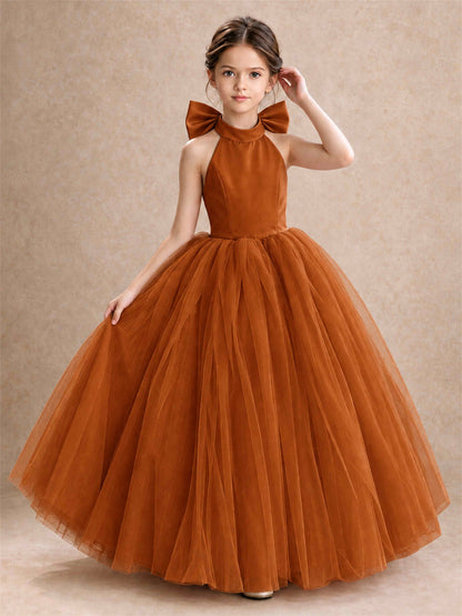 Halter Tulle Flower Girl Dress Backless Big Bow Princess Ball Gown
