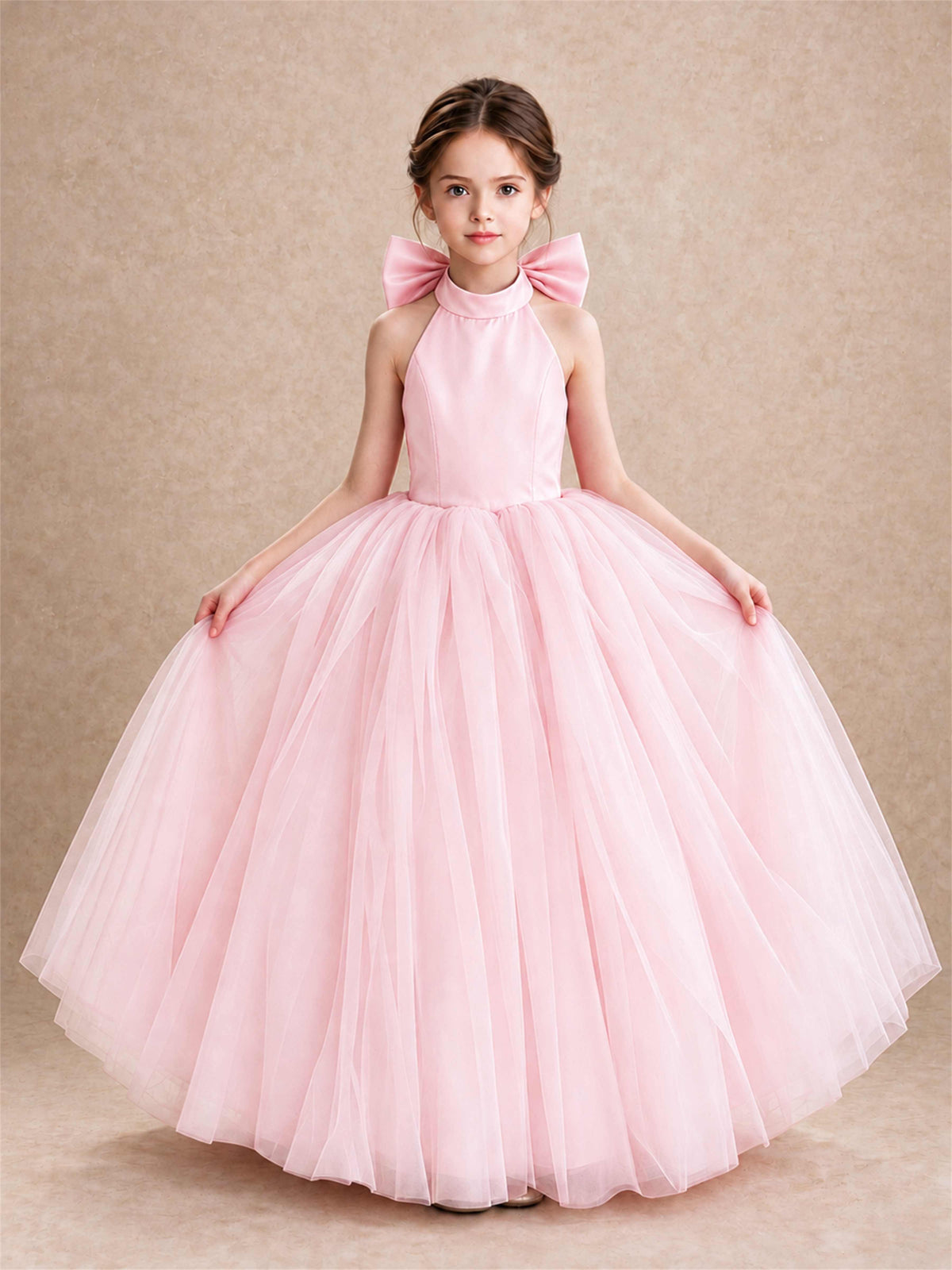 Halter Tulle Flower Girl Dress Backless Big Bow Princess Ball Gown
