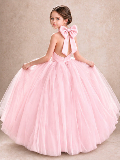 Halter Tulle Flower Girl Dress Backless Big Bow Princess Ball Gown