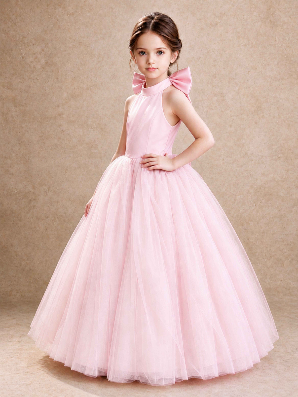 Halter Tulle Flower Girl Dress Backless Big Bow Princess Ball Gown
