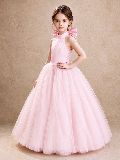 Halter Tulle Flower Girl Dress Backless Big Bow Princess Ball Gown