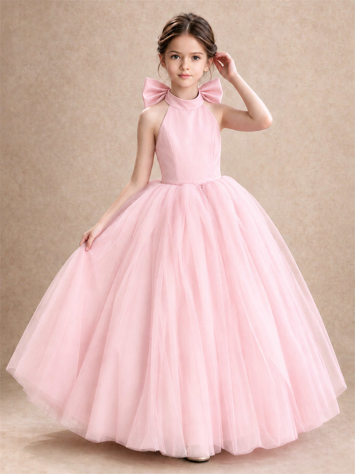 Halter Tulle Flower Girl Dress Backless Big Bow Princess Ball Gown