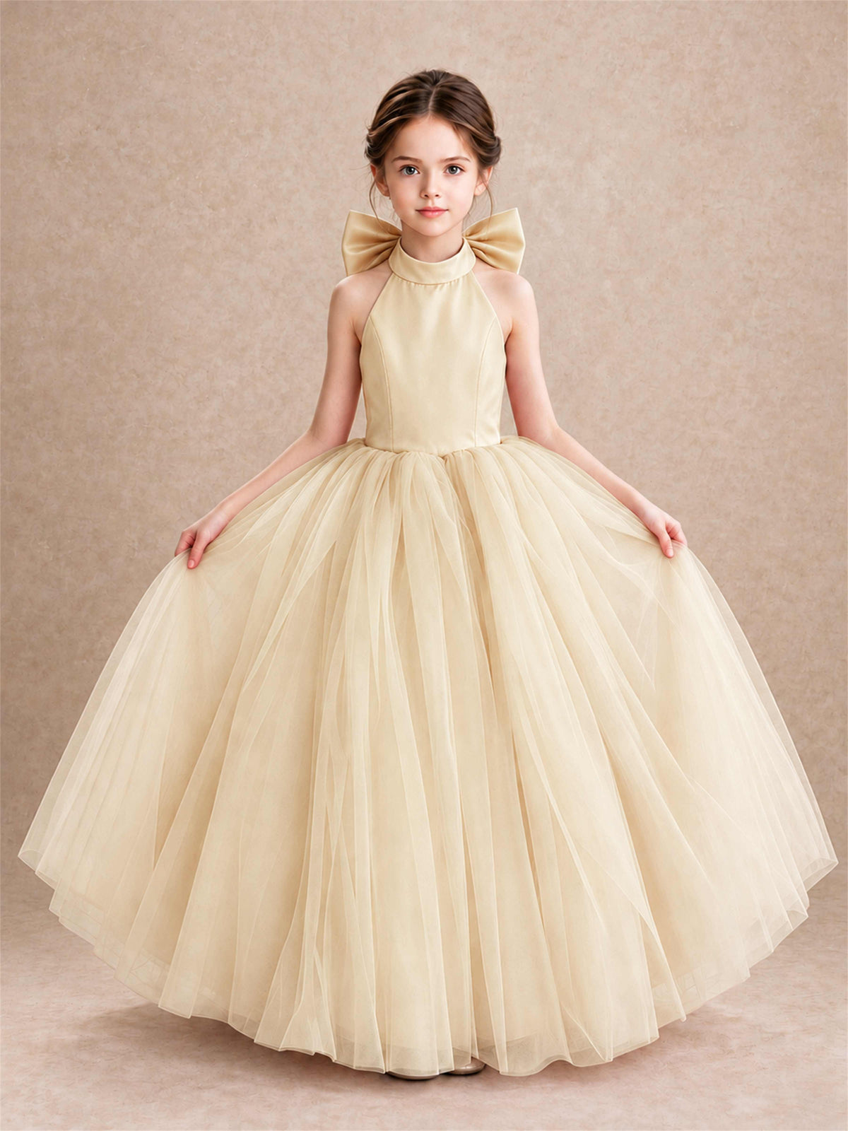 Halter Tulle Flower Girl Dress Backless Big Bow Princess Ball Gown