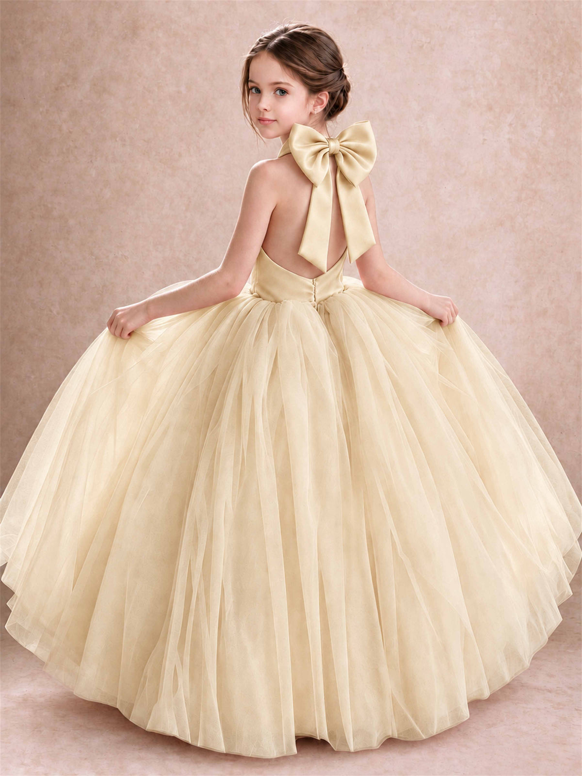 Halter Tulle Flower Girl Dress Backless Big Bow Princess Ball Gown