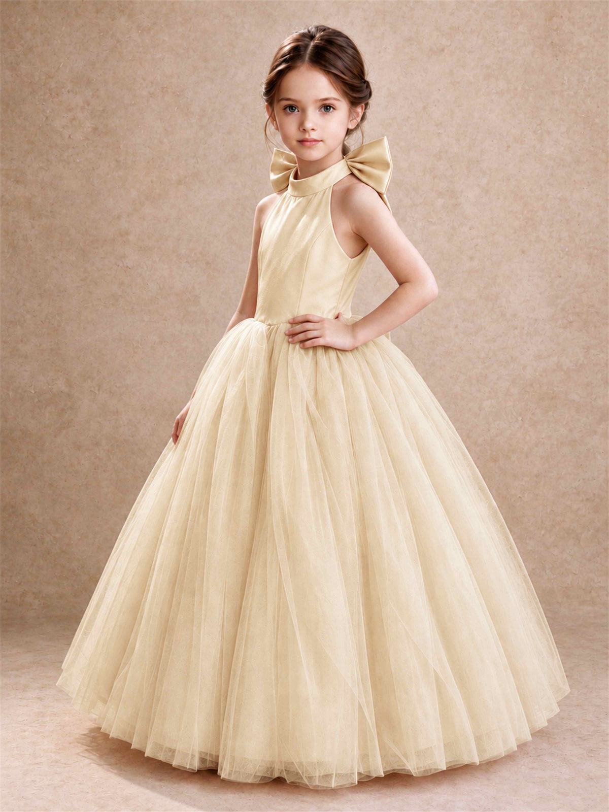 Halter Tulle Flower Girl Dress Backless Big Bow Princess Ball Gown