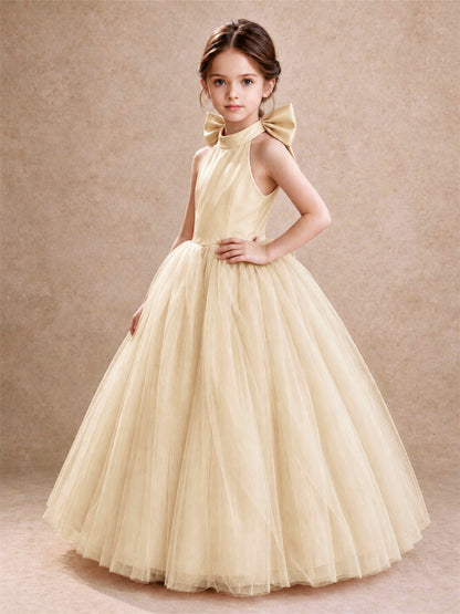 Halter Tulle Flower Girl Dress Backless Big Bow Princess Ball Gown
