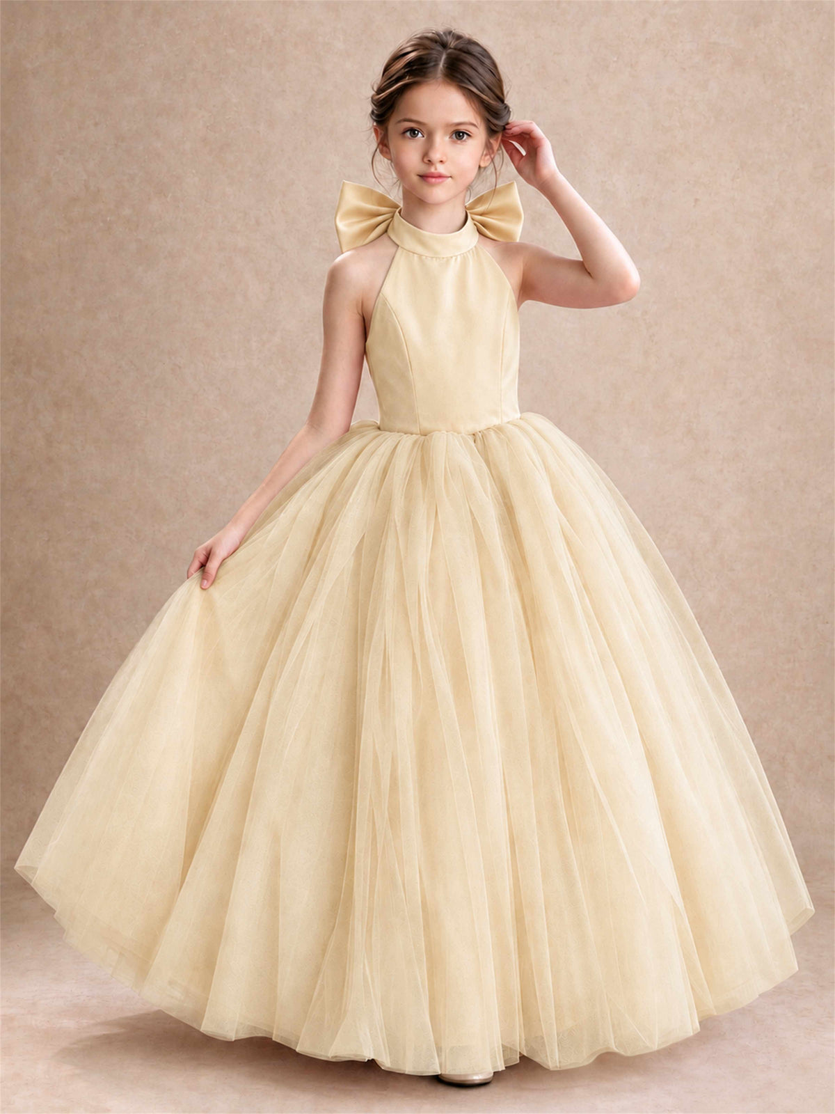 Halter Tulle Flower Girl Dress Backless Big Bow Princess Ball Gown