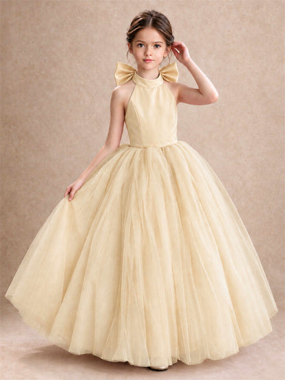 Halter Tulle Flower Girl Dress Backless Big Bow Princess Ball Gown