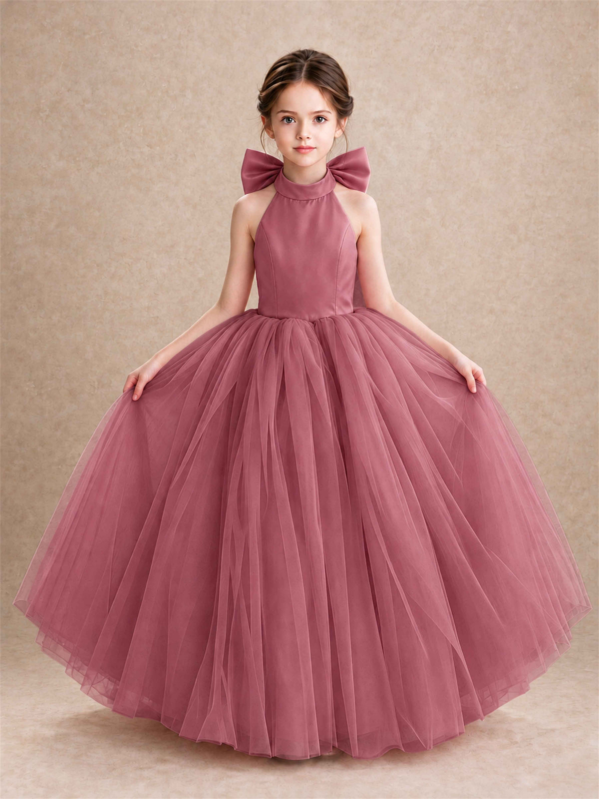 Halter Tulle Flower Girl Dress Backless Big Bow Princess Ball Gown