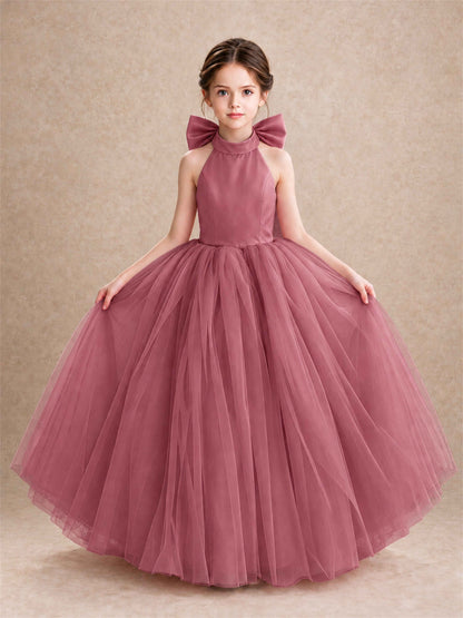Halter Tulle Flower Girl Dress Backless Big Bow Princess Ball Gown
