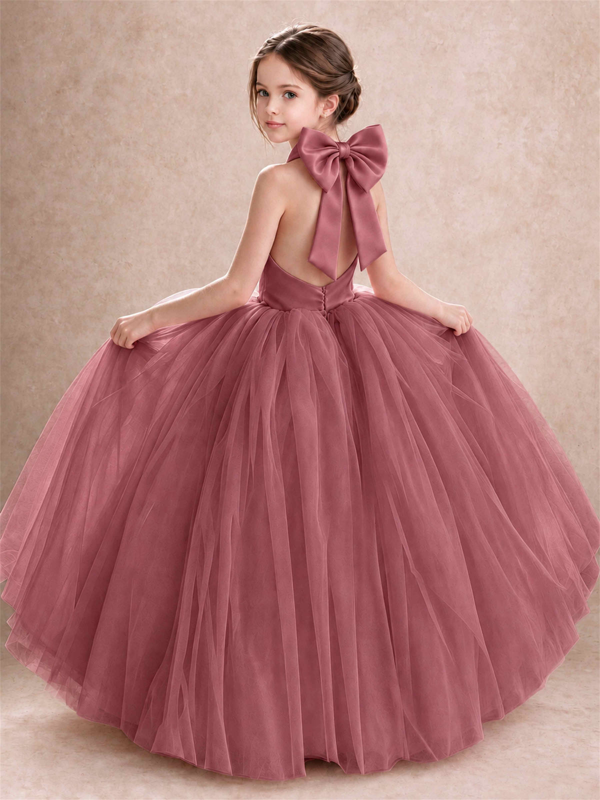 Halter Tulle Flower Girl Dress Backless Big Bow Princess Ball Gown