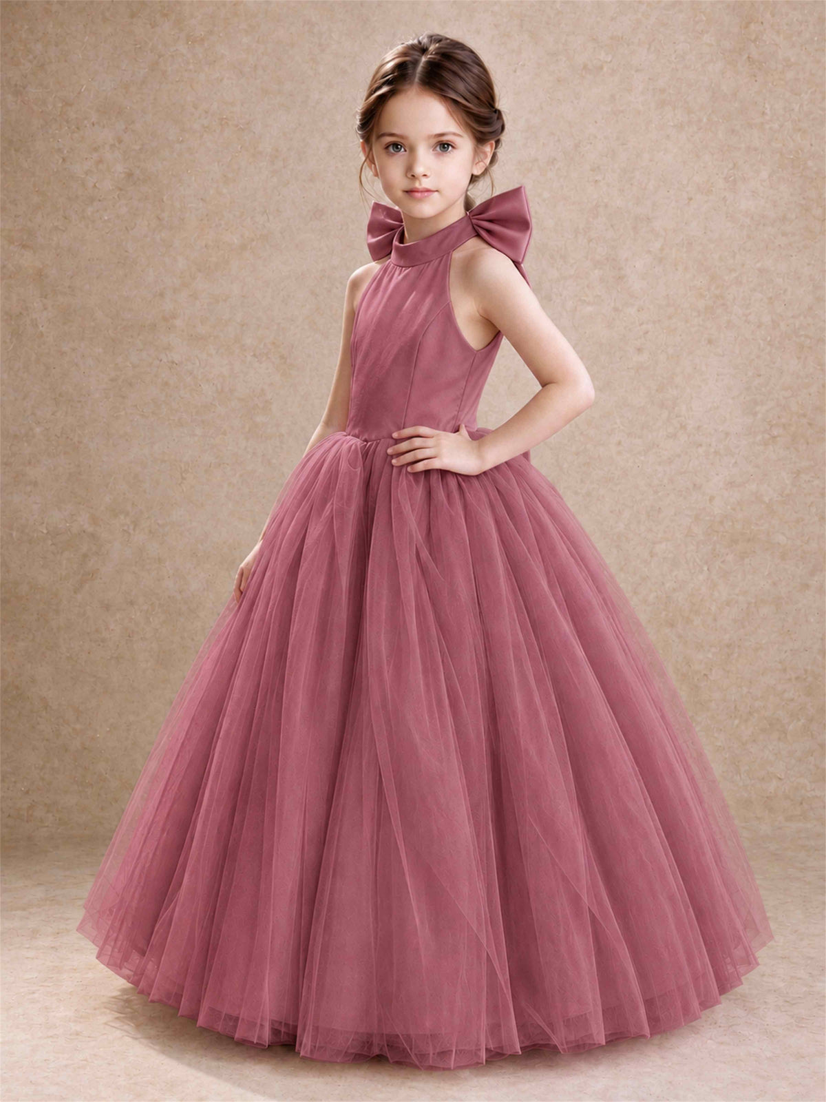 Halter Tulle Flower Girl Dress Backless Big Bow Princess Ball Gown