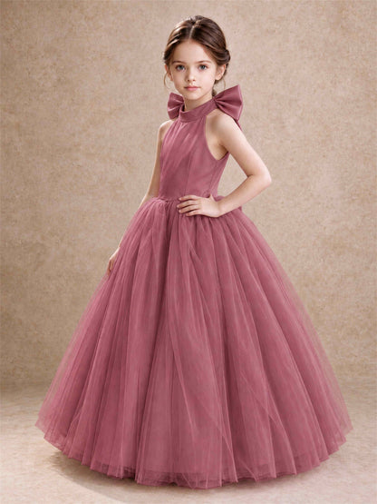 Halter Tulle Flower Girl Dress Backless Big Bow Princess Ball Gown