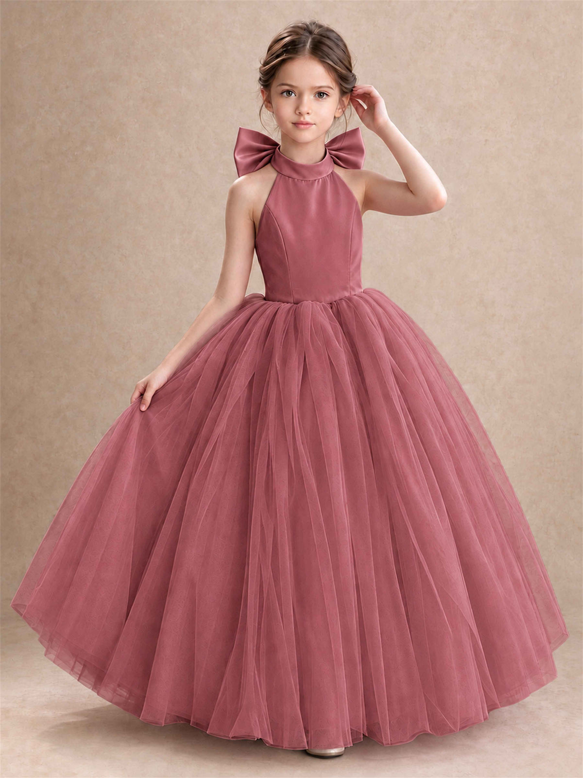 Halter Tulle Flower Girl Dress Backless Big Bow Princess Ball Gown