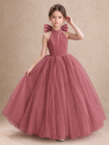 Halter Tulle Flower Girl Dress Backless Big Bow Princess Ball Gown