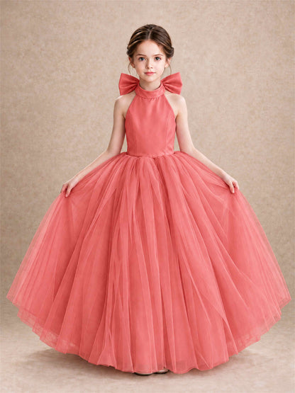 Halter Tulle Flower Girl Dress Backless Big Bow Princess Ball Gown
