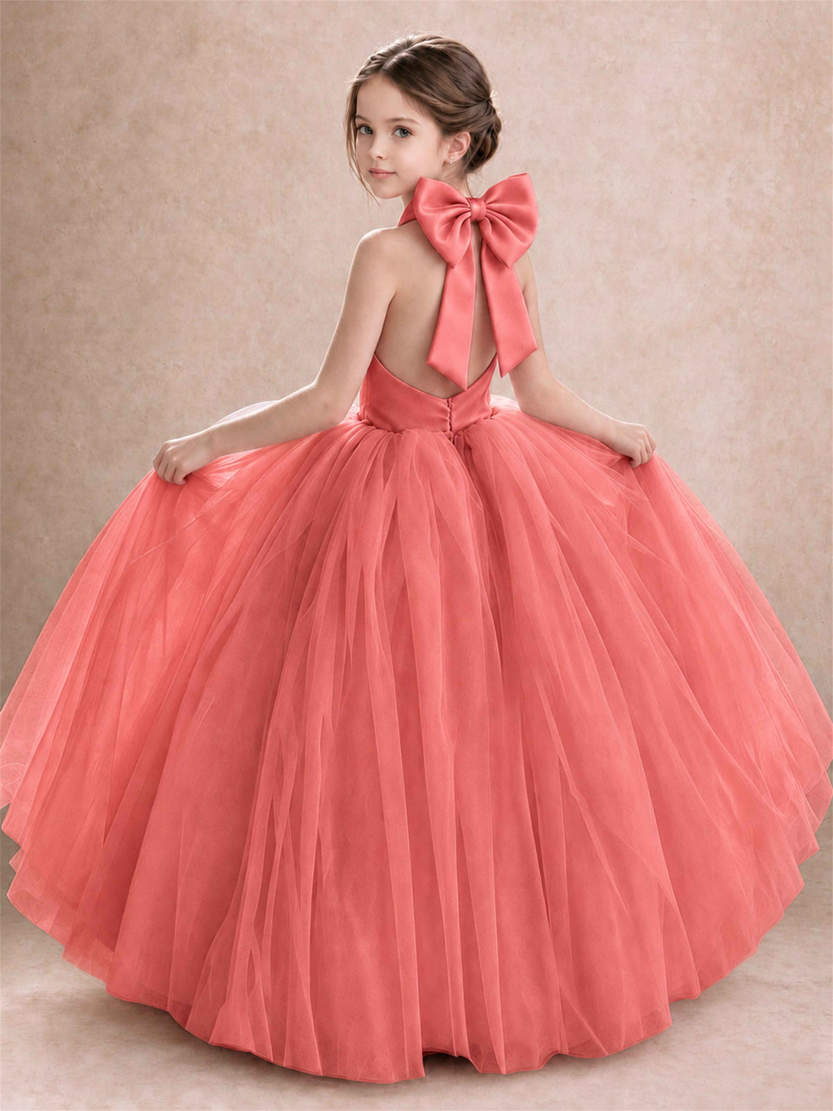 Halter Tulle Flower Girl Dress Backless Big Bow Princess Ball Gown