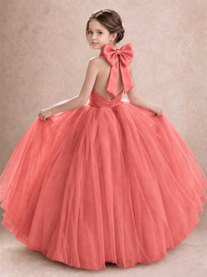 Halter Tulle Flower Girl Dress Backless Big Bow Princess Ball Gown