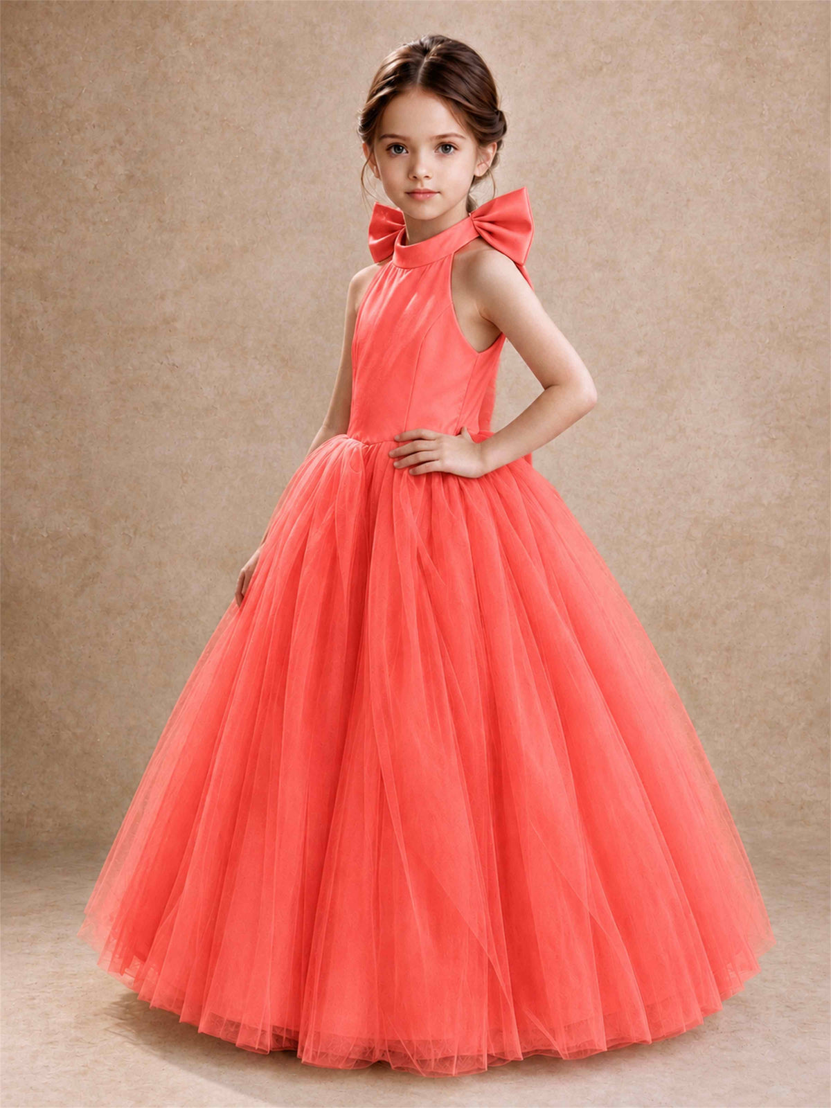 Halter Tulle Flower Girl Dress Backless Big Bow Princess Ball Gown