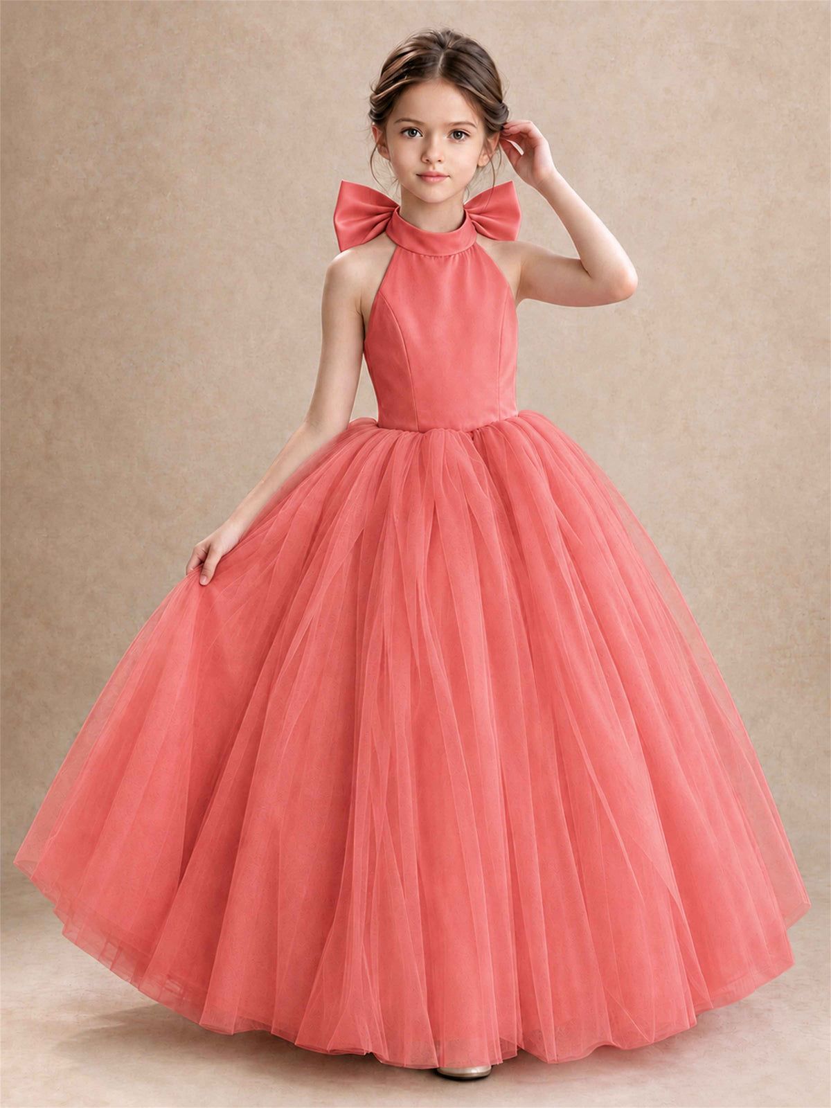 Halter Tulle Flower Girl Dress Backless Big Bow Princess Ball Gown