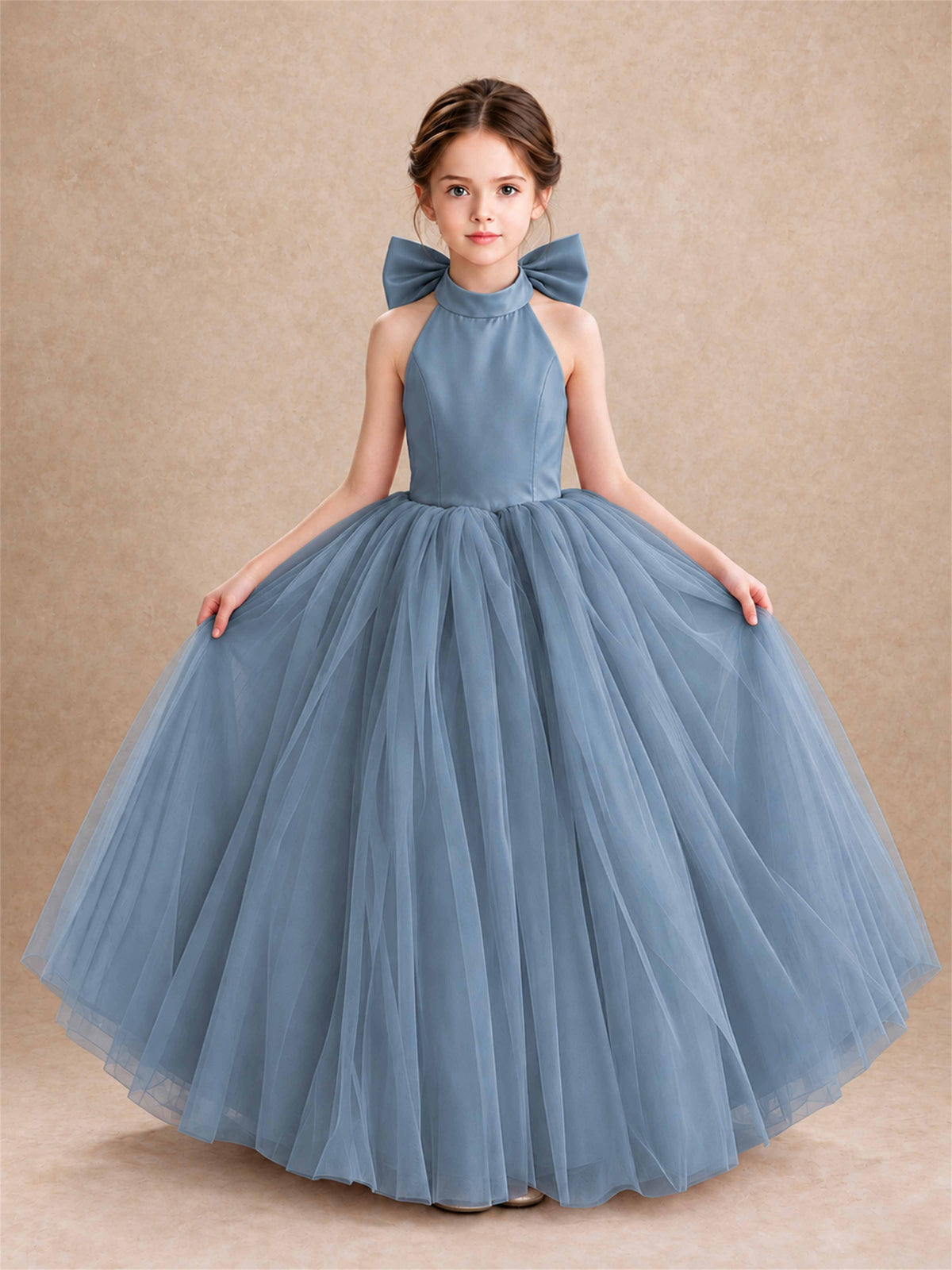 Halter Tulle Flower Girl Dress Backless Big Bow Princess Ball Gown