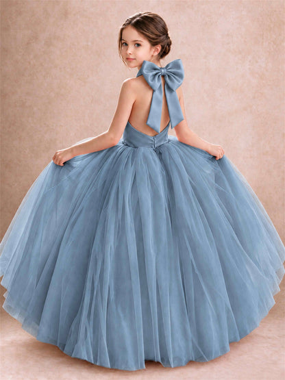 Halter Tulle Flower Girl Dress Backless Big Bow Princess Ball Gown