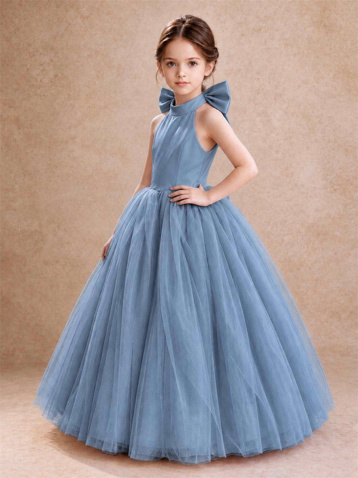 Halter Tulle Flower Girl Dress Backless Big Bow Princess Ball Gown