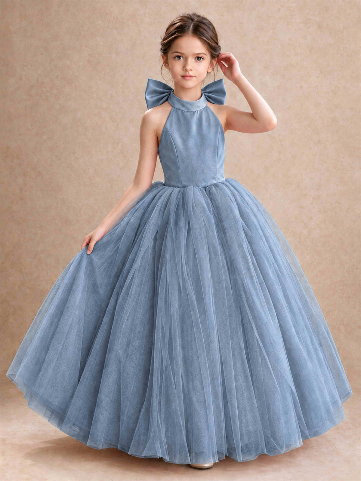 Halter Tulle Flower Girl Dress Backless Big Bow Princess Ball Gown