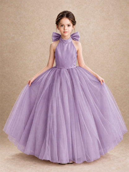 Halter Tulle Flower Girl Dress Backless Big Bow Princess Ball Gown