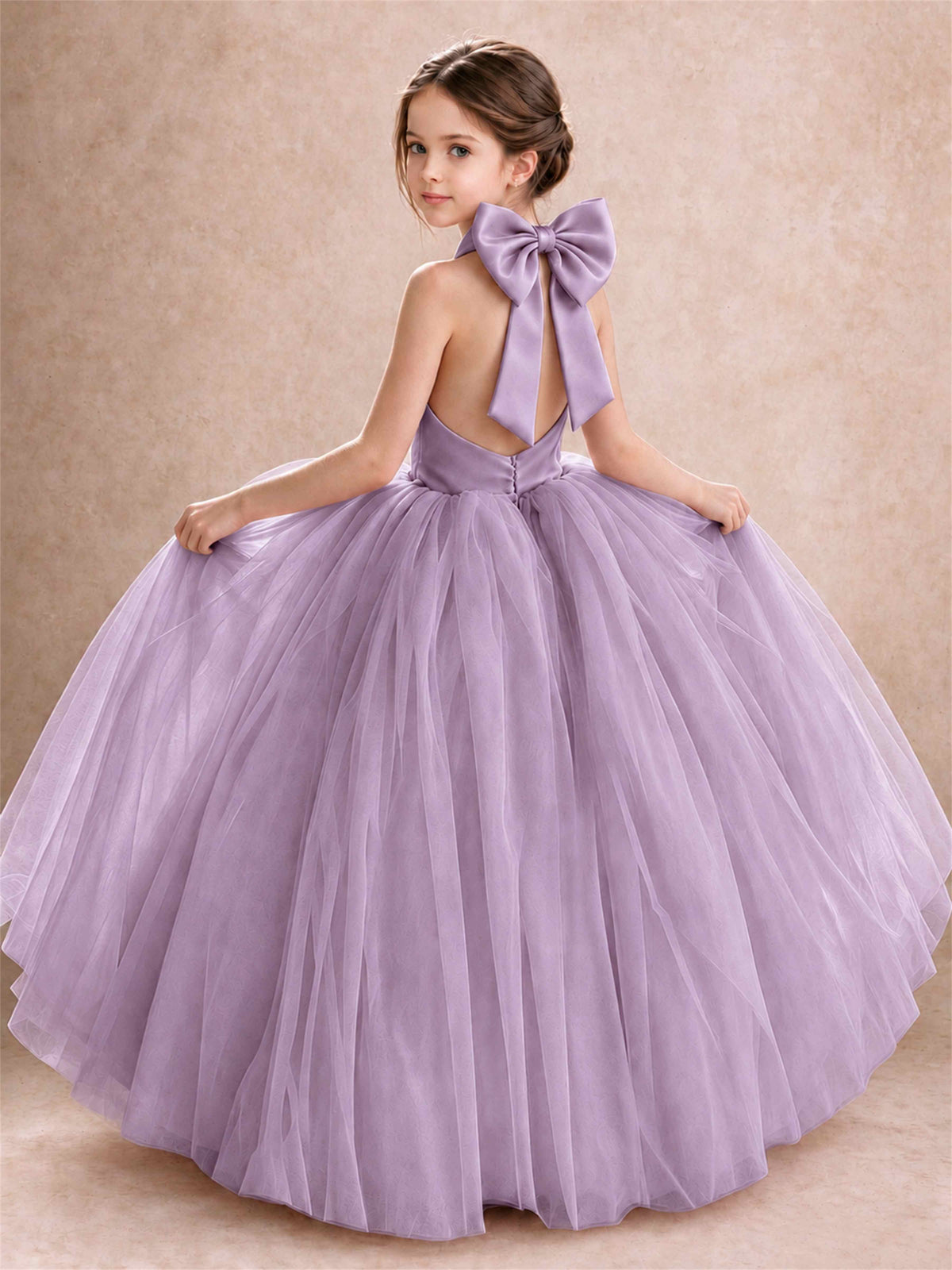 Halter Tulle Flower Girl Dress Backless Big Bow Princess Ball Gown