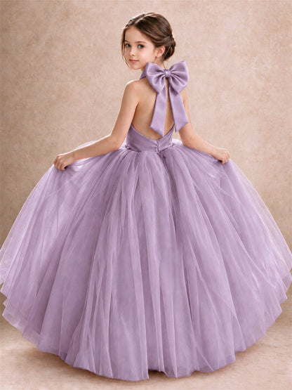Halter Tulle Flower Girl Dress Backless Big Bow Princess Ball Gown