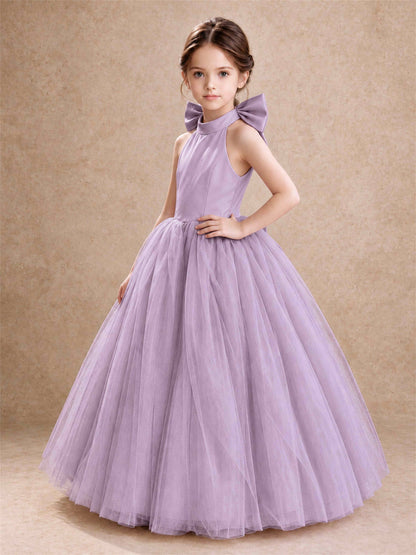 Halter Tulle Flower Girl Dress Backless Big Bow Princess Ball Gown