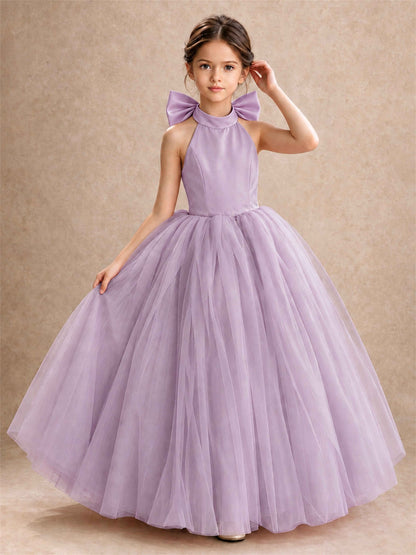 Halter Tulle Flower Girl Dress Backless Big Bow Princess Ball Gown