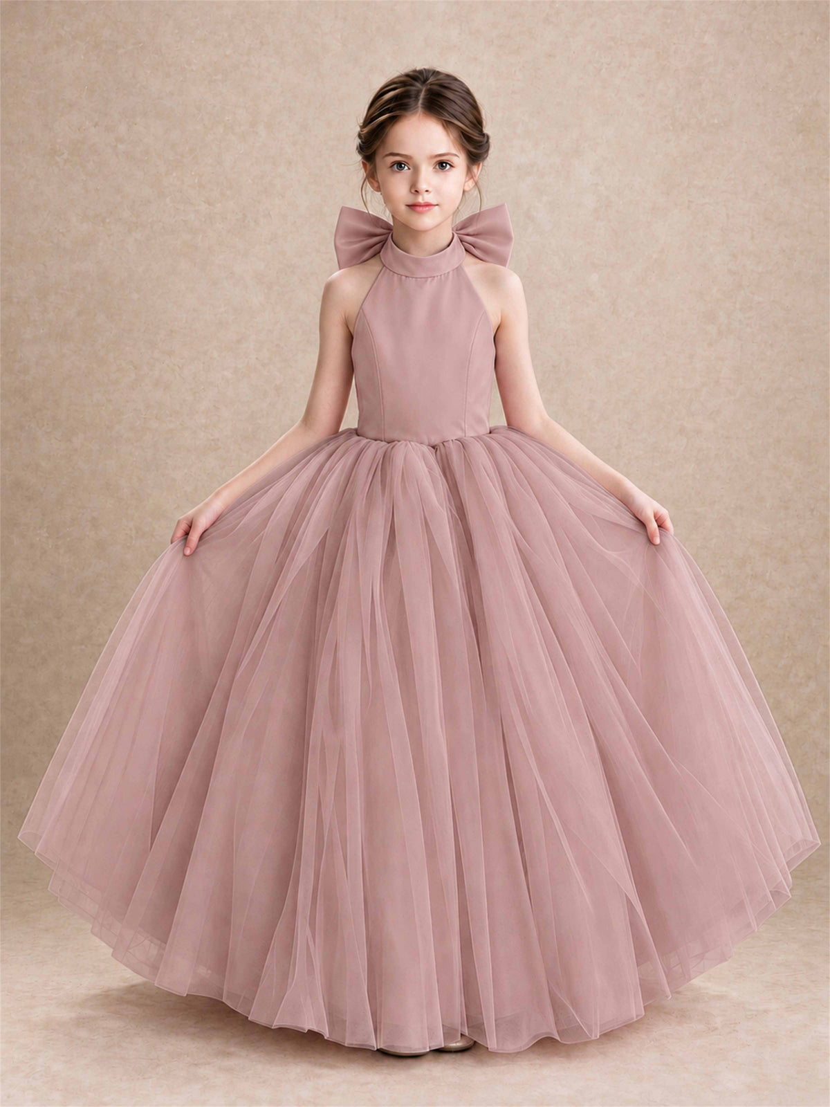Halter Tulle Flower Girl Dress Backless Big Bow Princess Ball Gown