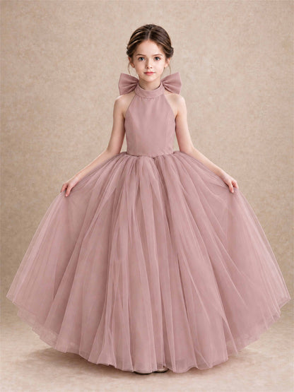 Halter Tulle Flower Girl Dress Backless Big Bow Princess Ball Gown