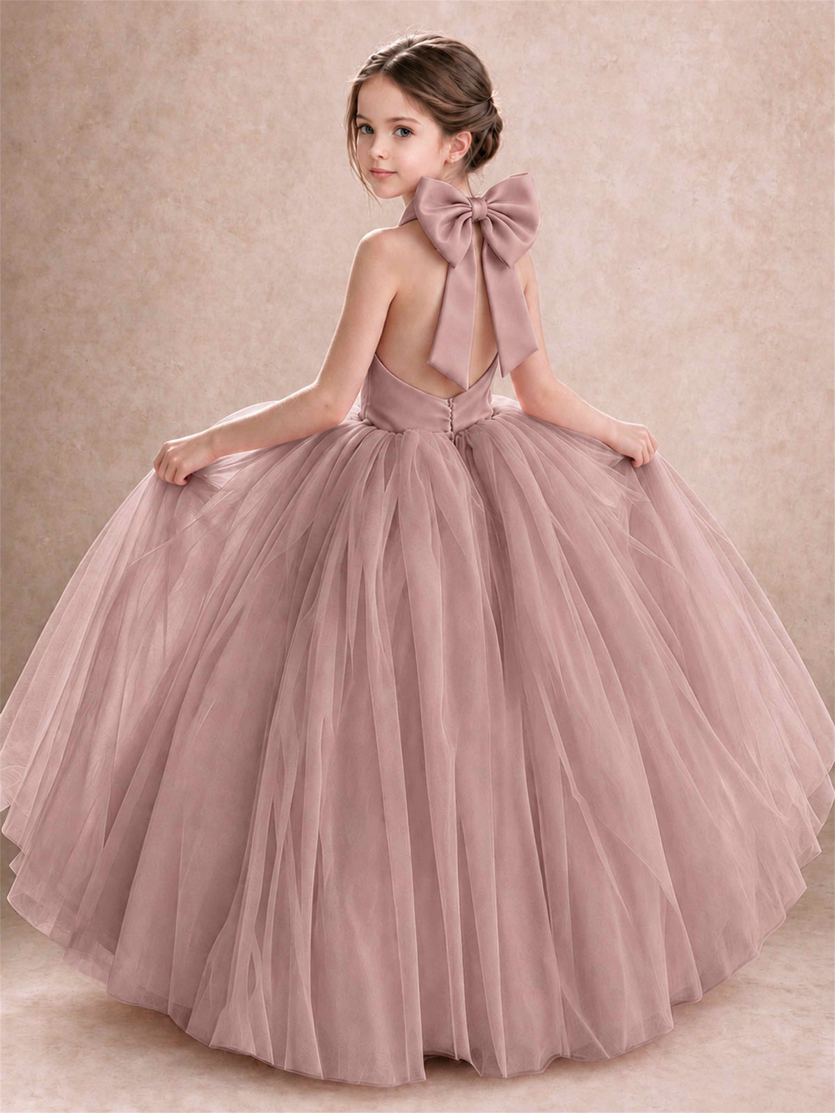 Halter Tulle Flower Girl Dress Backless Big Bow Princess Ball Gown