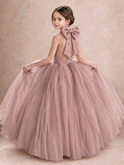 Halter Tulle Flower Girl Dress Backless Big Bow Princess Ball Gown