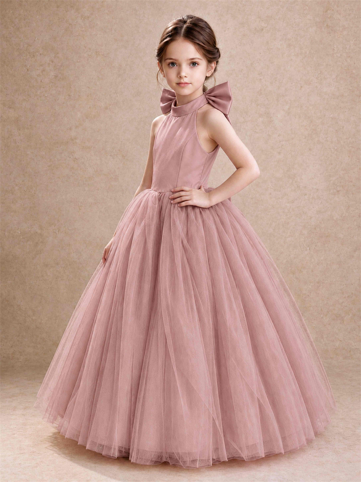 Halter Tulle Flower Girl Dress Backless Big Bow Princess Ball Gown