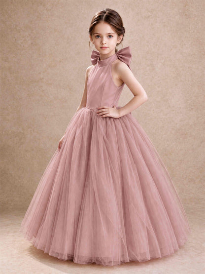 Halter Tulle Flower Girl Dress Backless Big Bow Princess Ball Gown