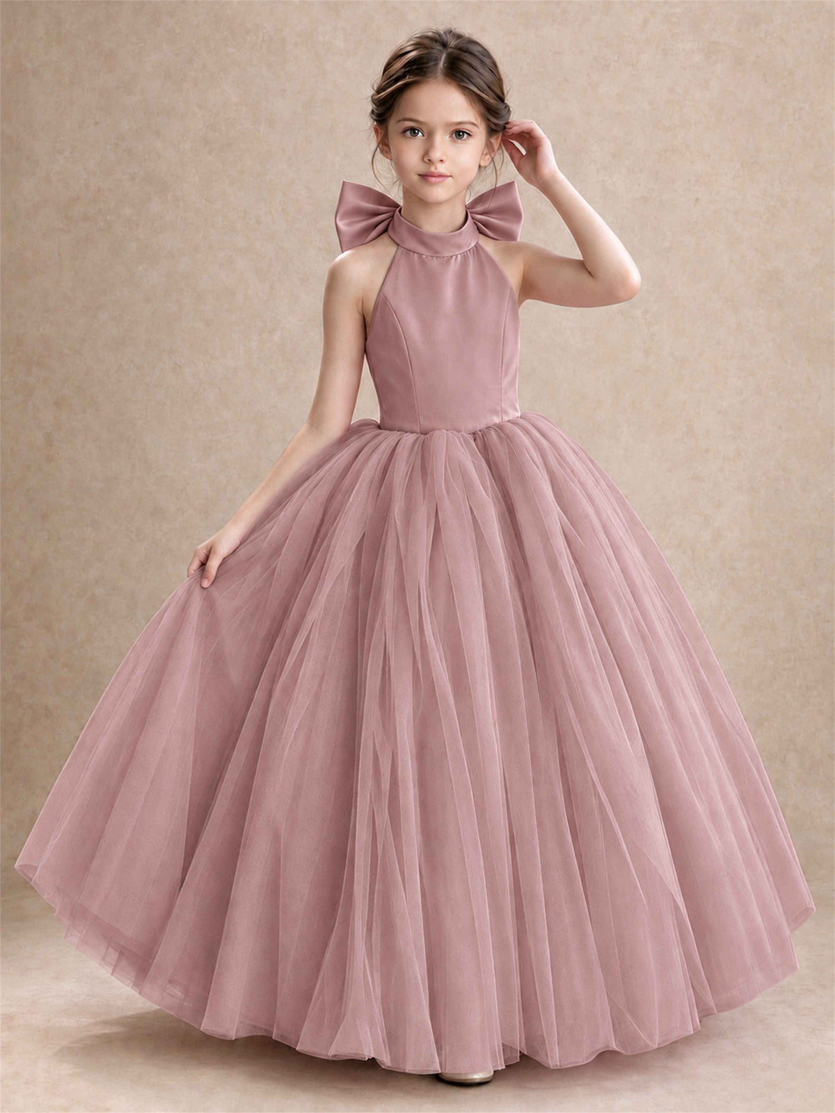 Halter Tulle Flower Girl Dress Backless Big Bow Princess Ball Gown