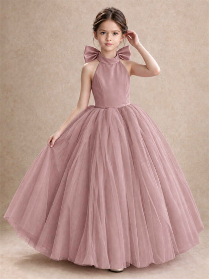 Halter Tulle Flower Girl Dress Backless Big Bow Princess Ball Gown