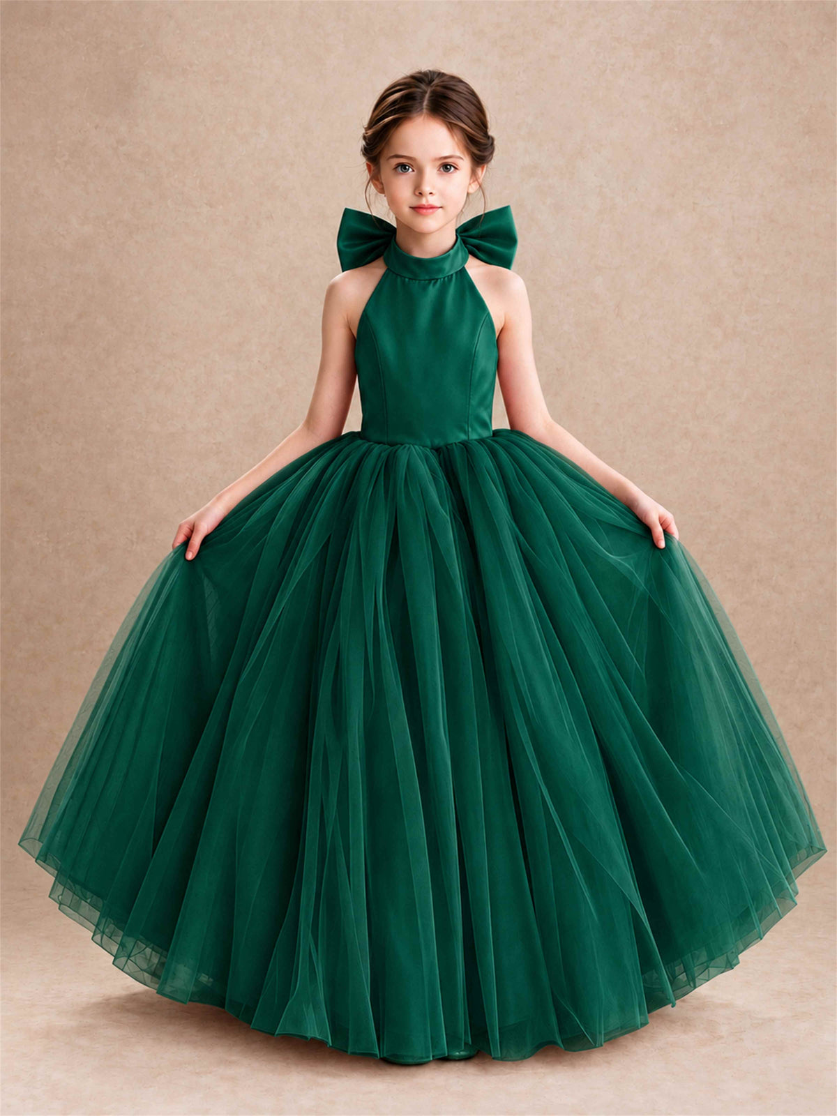 Halter Tulle Flower Girl Dress Backless Big Bow Princess Ball Gown