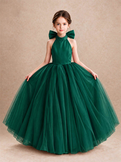 Halter Tulle Flower Girl Dress Backless Big Bow Princess Ball Gown