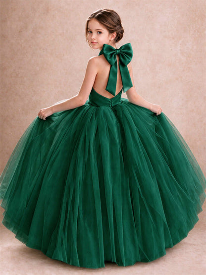 Halter Tulle Flower Girl Dress Backless Big Bow Princess Ball Gown