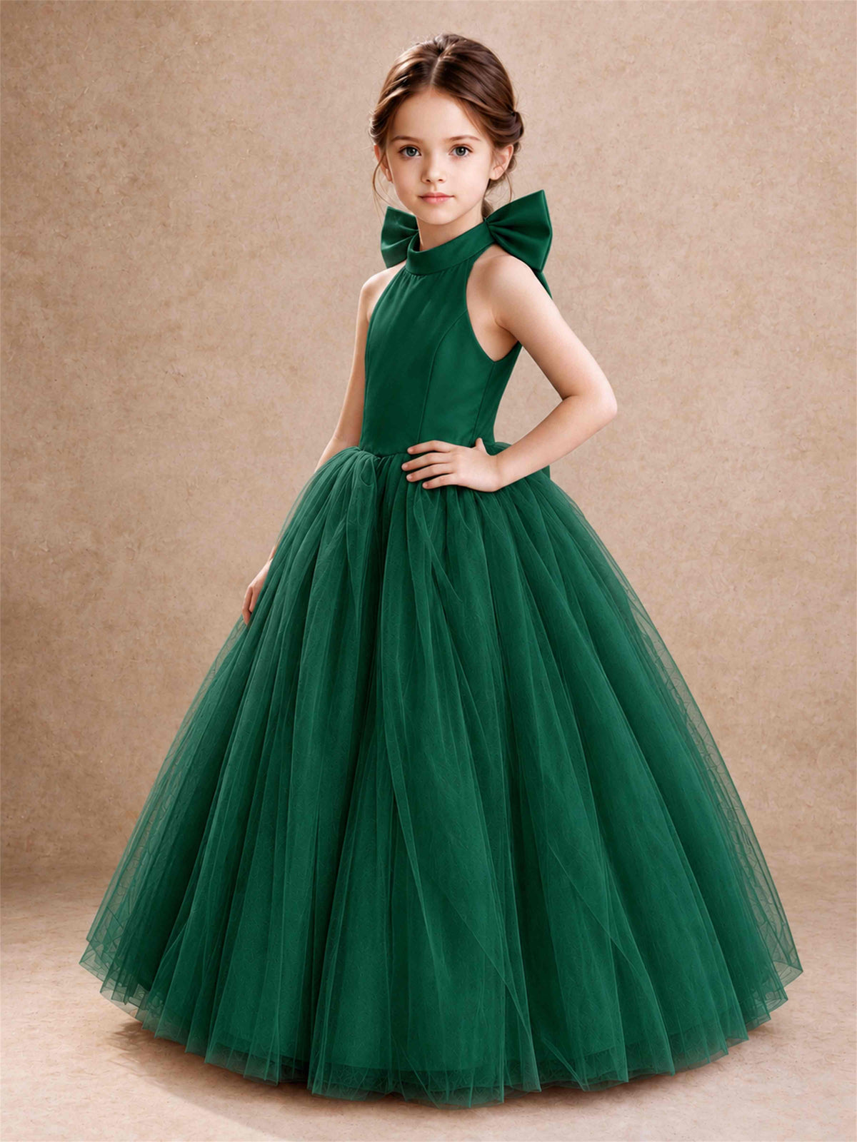Halter Tulle Flower Girl Dress Backless Big Bow Princess Ball Gown