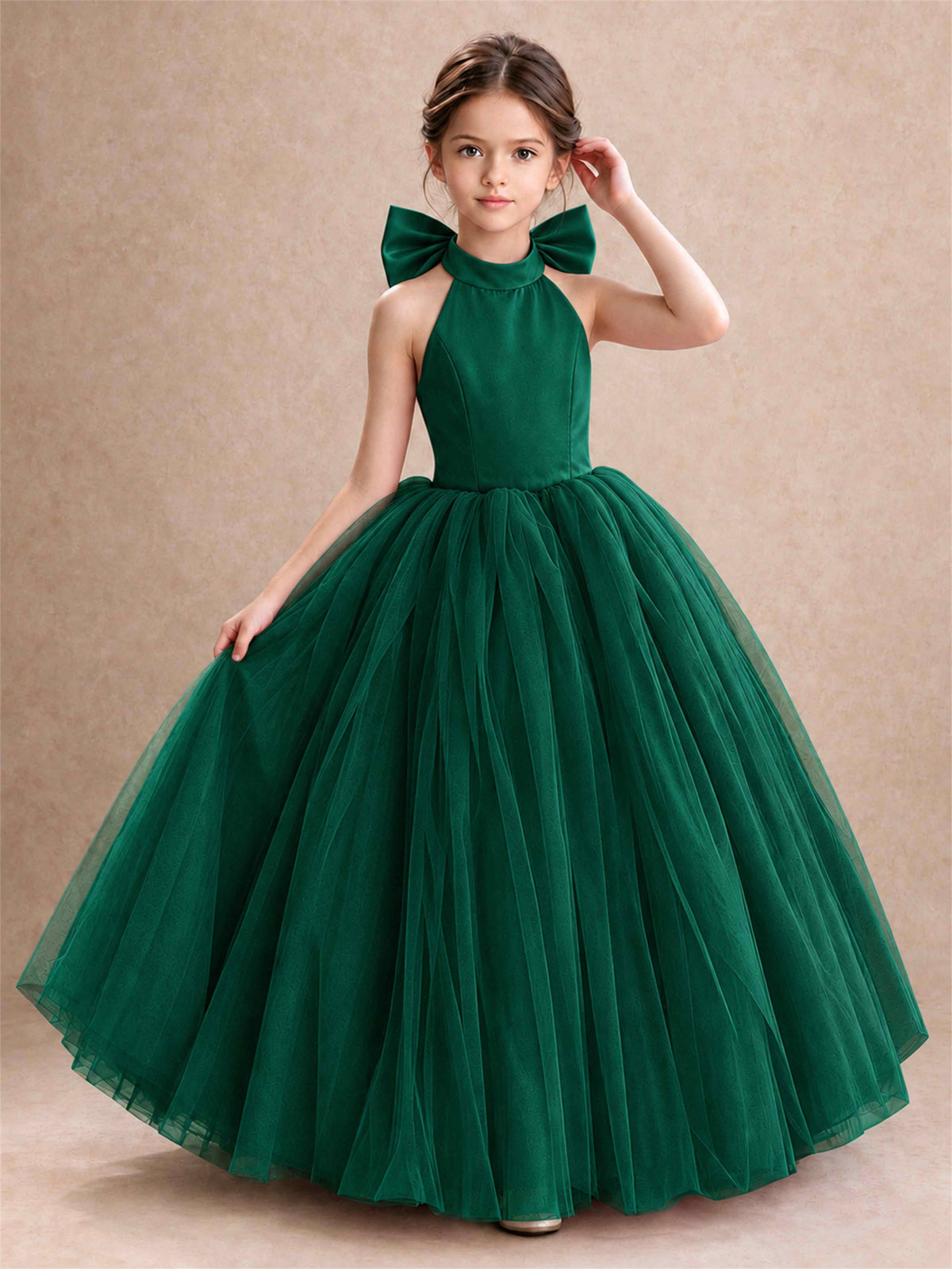 Halter Tulle Flower Girl Dress Backless Big Bow Princess Ball Gown