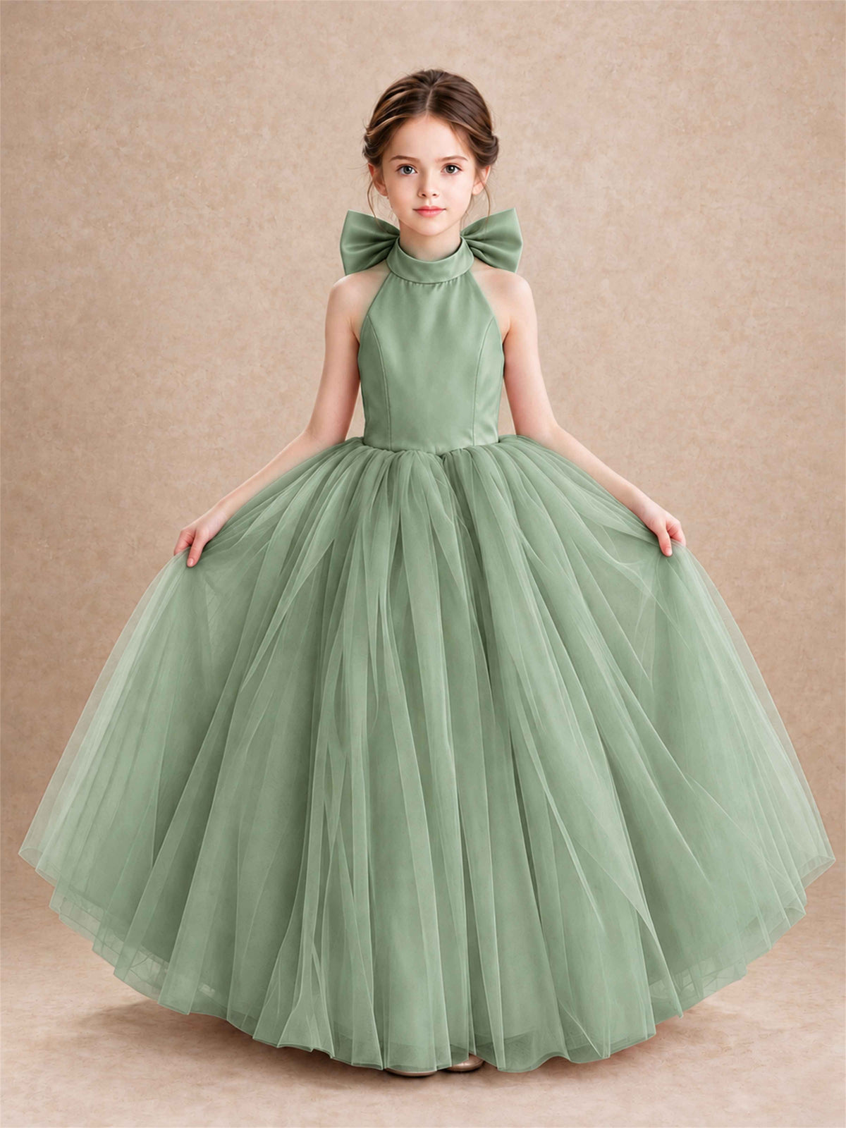 Halter Tulle Flower Girl Dress Backless Big Bow Princess Ball Gown