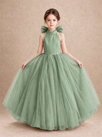 Halter Tulle Flower Girl Dress Backless Big Bow Princess Ball Gown