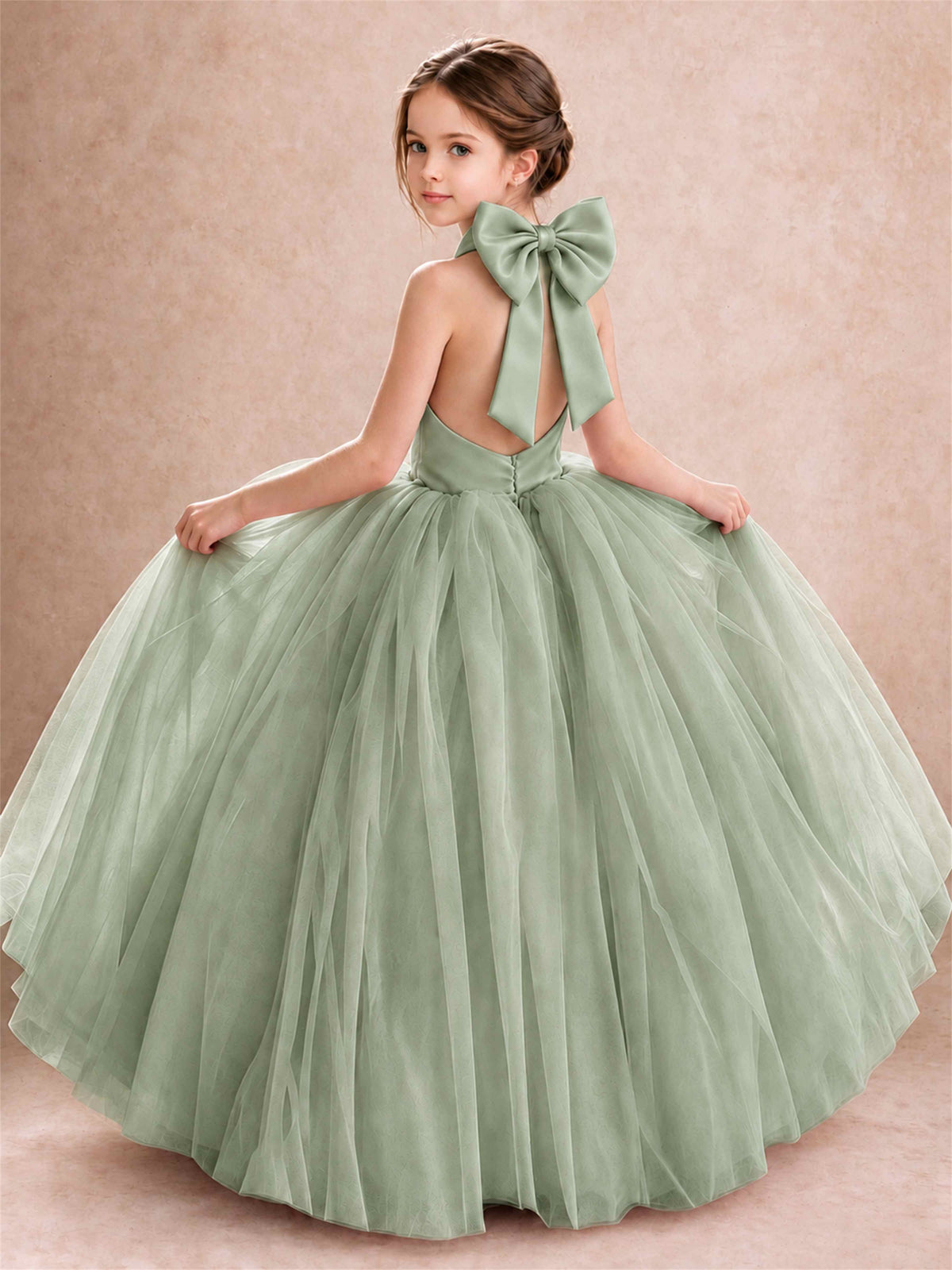 Halter Tulle Flower Girl Dress Backless Big Bow Princess Ball Gown